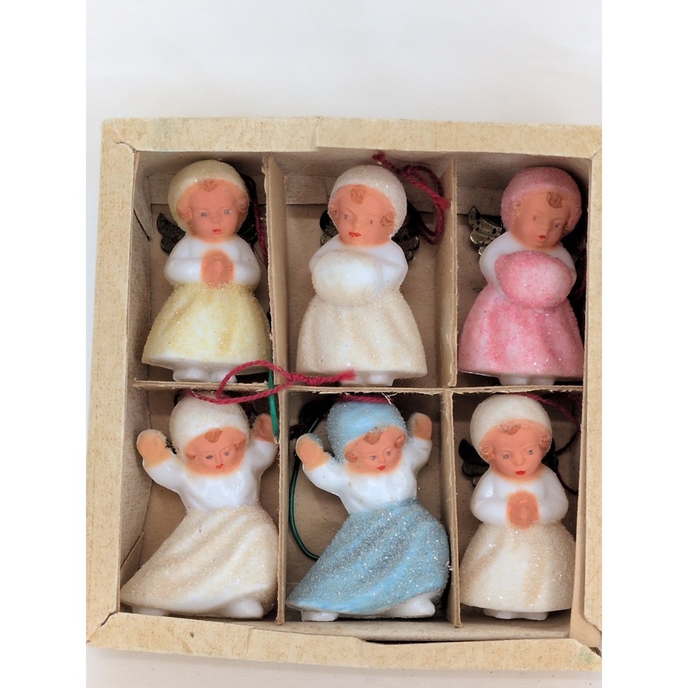 6 VTG Plastic Sugar Angels Christmas Ornament Metal Wings West Germany With Box